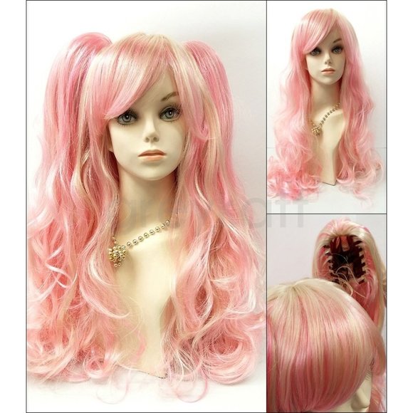 Pink & blonde long wig w/detachable ponytails main image 5